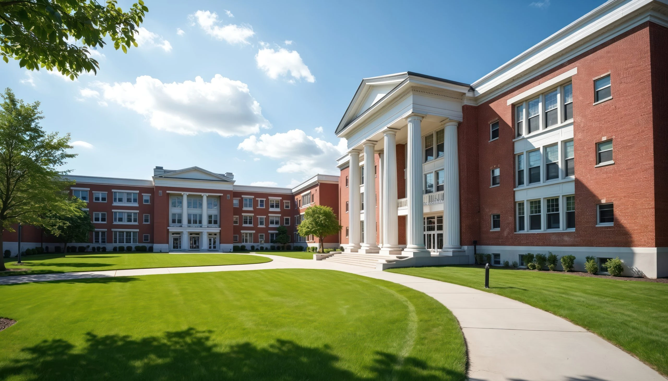 A classical brick private school building on a sunlit day